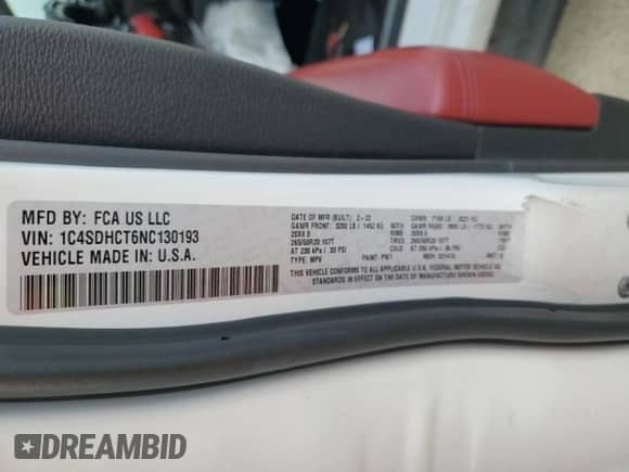 2022 Dodge Durango R/T with VIN 1C4SDHCT6NC130193, listed as a Copart auction lot 45691355 with 73,865 mi miles and Salvage title. Bid and sale history available at DreamBid. Image 14.