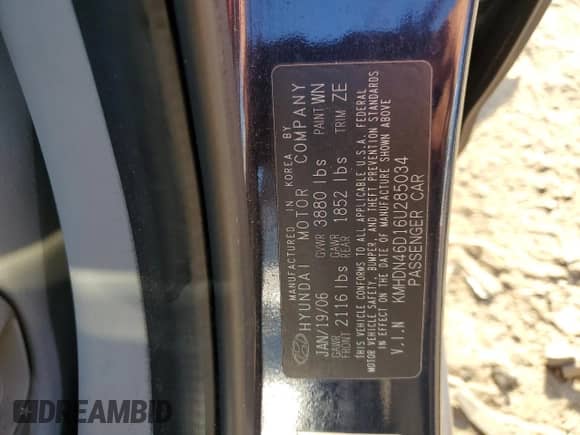 2006 Hyundai Elantra GLS z VIN KMHDN46D16U285034, wystawiony jako Copart lot #76962624 z przebiegiem 190 066 mil mil oraz Szkoda całkowita • Salvage title. Historia ofert i sprzedaży dostępna na DreamBid. Obrazek 14.