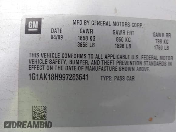 ✅ 2009 Chevrolet Cobalt LS • VIN: 1G1AK18H997283641 • Лот: 43858766. Опубликован ранее на IAAI с пробегом Не указан. Бесплатный доступ к архиву аукционных продаж из США и подробный отчёт об истории автомобиля на DreamBid. Изображение 9.