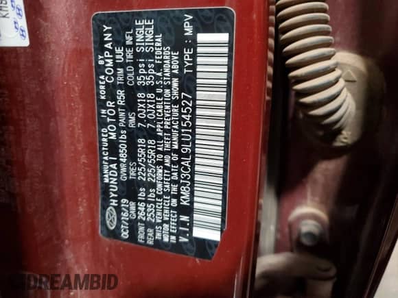 2020 Hyundai Tucson Ultimate z VIN KM8J3CAL9LU154527, wystawiony jako Copart lot #59784355 z przebiegiem 111 222 mil mil oraz Szkoda całkowita • Salvage title. Historia ofert i sprzedaży dostępna na DreamBid. Obrazek 13.