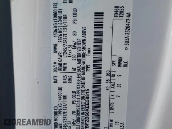 ✅ 2019 Ford F-250 XL • VIN: 1FTBF2B66KEE58815 • Lot: 68083125. Listed on Copart with 115,743 mi. Free auction sales archive from the USA and detailed vehicle history report at DreamBid. Image 12.