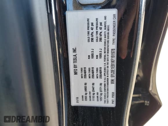 ✅ 2019 Tesla Model 3 Long Range • VIN: 5YJ3E1EB1KF191978 • Lot: 87070735. Listed on Copart with 89,353 mi. Free auction sales archive from the USA and detailed vehicle history report at DreamBid. Image 12.