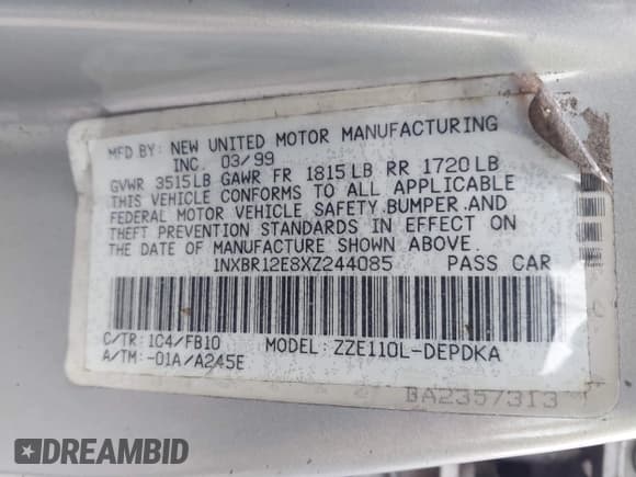 ✅ 1999 Toyota Corolla VE • VIN: 1NXBR12E8XZ244085 • Lot: 42949405. Listed on IAAI with Not provided. Free auction sales archive from the USA and detailed vehicle history report at DreamBid. Image 9.