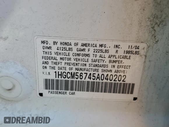 ✅ 2005 Honda Accord EX • VIN: 1HGCM56745A040202 • Lot: 91018095. Wystawiony na Copart z przebiegiem 234 322 mil. Bezpłatny archiwum sprzedaży aukcyjnych z USA i szczegółowy raport historii pojazdu na DreamBid. Zdjęcie 12.