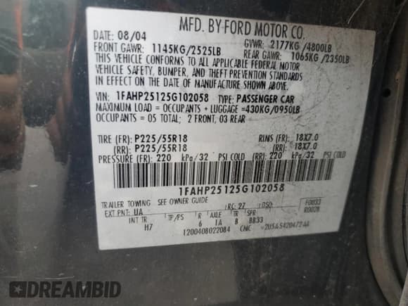 ✅ 2005 Ford Five Hundred Limited • VIN: 1FAHP25125G102058 • Лот: 81969815. Опубликован ранее на Copart с пробегом Не указан. Бесплатный доступ к архиву аукционных продаж из США и подробный отчёт об истории автомобиля на DreamBid. Изображение 12.