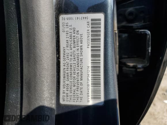 ✅ 2003 Volkswagen Passat GLX • VIN: WVWRH63B73P341214 • Lot: 54361985. Listed on Copart with 164,489 mi. Free auction sales archive from the USA and detailed vehicle history report at DreamBid. Image 12.