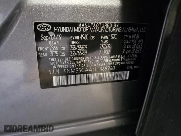 ✅ 2020 Hyundai Santa Fe Limited • VIN: 5NMS5CAA4LH168960 • Lot: 41091224. Wystawiony na Copart z przebiegiem 51 500 mil. Bezpłatny archiwum sprzedaży aukcyjnych z USA i szczegółowy raport historii pojazdu na DreamBid. Zdjęcie 12.