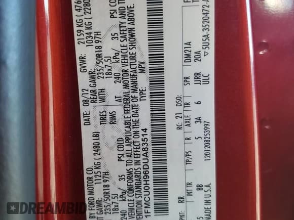 ✅ 2013 Ford Escape SEL • VIN: 1FMCU0H96DUA83514 • Lot: 87294635. Listed on Copart with 274,054 mi. Free auction sales archive from the USA and detailed vehicle history report at DreamBid. Image 13.