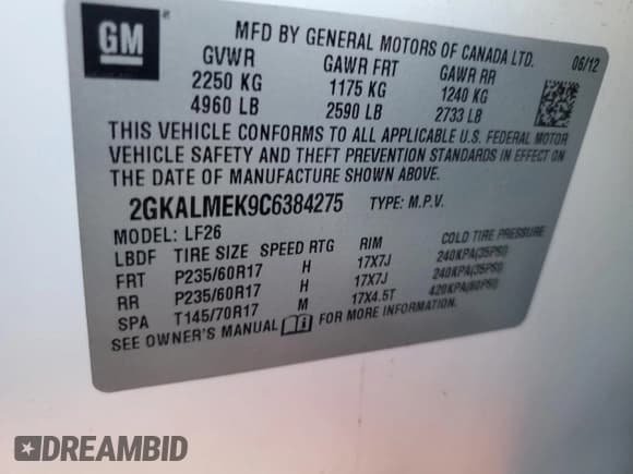 ✅ 2012 GMC Terrain SLE-1 • VIN: 2GKALMEK9C6384275 • Lot: 82208335. Listed on Copart with Not provided. Free auction sales archive from the USA and detailed vehicle history report at DreamBid. Image 13.