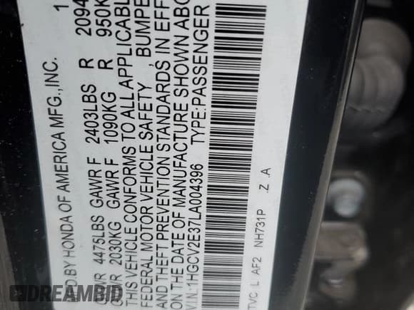 ✅ 2020 Honda Accord Sport • VIN: 1HGCV2E37LA004396 • Lot: 91053555. Listed on Copart with 47,462 mi. Free auction sales archive from the USA and detailed vehicle history report at DreamBid. Image 12.