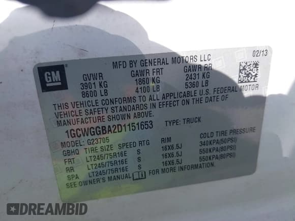 ✅ 2013 Chevrolet Express Cargo • VIN: 1GCWGGBA2D1151653 • Lot: 42807855. Listed on IAAI with 141,790 mi. Free auction sales archive from the USA and detailed vehicle history report at DreamBid. Image 9.