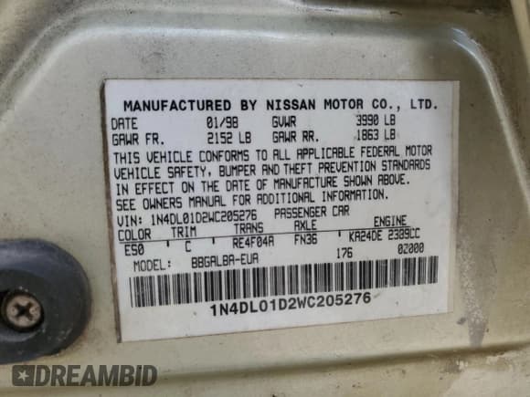 ✅ 1998 Nissan Altima XE • VIN: 1N4DL01D2WC205276 • Lot: 61791705. Wystawiony na Copart z przebiegiem 338 212 mil. Bezpłatny archiwum sprzedaży aukcyjnych z USA i szczegółowy raport historii pojazdu na DreamBid. Zdjęcie 13.