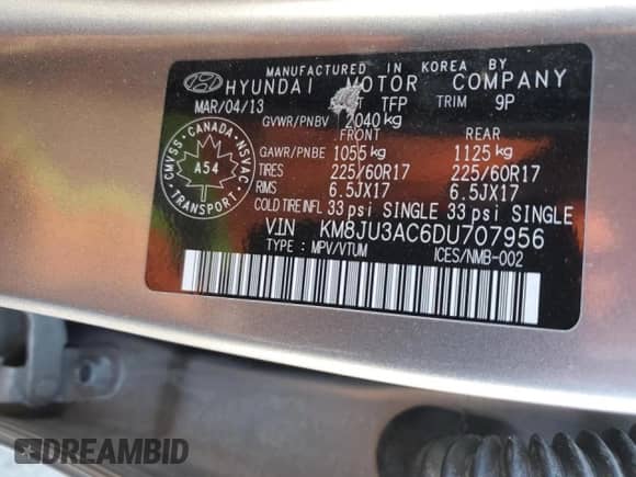 2013 Hyundai Tucson GLS z VIN KM8JU3AC6DU707956, wystawiony jako Copart lot #85569025 z przebiegiem 180 893 mil mil oraz Czysty tytuł • Clean title. Historia ofert i sprzedaży dostępna na DreamBid. Obrazek 12.