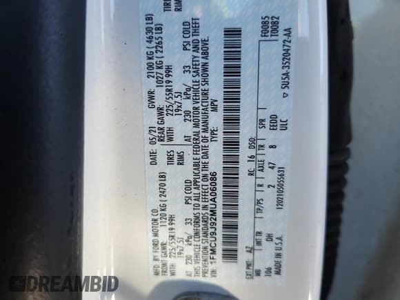 ✅ 2021 Ford Escape Titanium • VIN: 1FMCU9J92MUA06086 • Лот: 92682615. Опубликован ранее на Copart с пробегом 85 975 миль. Бесплатный доступ к архиву аукционных продаж из США и подробный отчёт об истории автомобиля на DreamBid. Изображение 13.