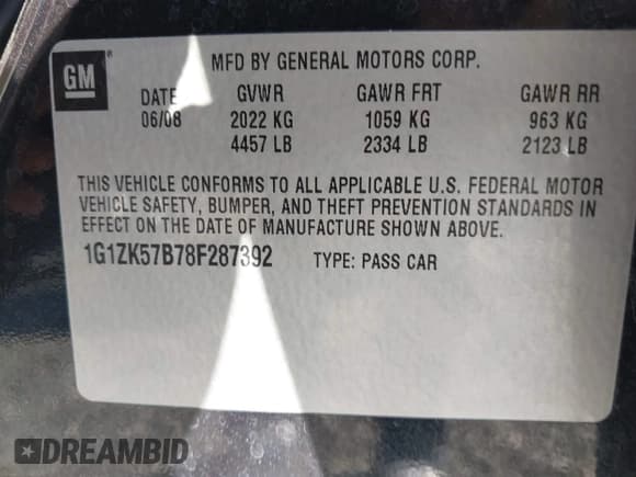 ✅ 2008 Chevrolet Malibu LTZ • VIN: 1G1ZK57B78F287392 • Lot: 43660109. Listed on IAAI with 159,074 mi. Free auction sales archive from the USA and detailed vehicle history report at DreamBid. Image 9.