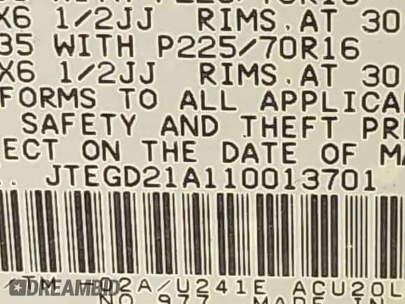 2001 Toyota Highlander с VIN JTEGD21A110013701, выставлен на аукционе IAAI как лот 42605538 с пробегом 233 014 миль миль и . История ставок и продаж доступна на DreamBid. Изображение 9.