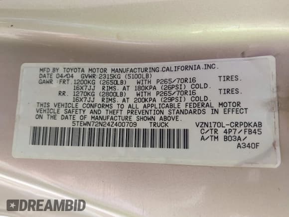 ✅ 2004 Toyota Tacoma • VIN: 5TEWN72N24Z400709 • Lot: 42587330. Wystawiony na IAAI z przebiegiem 279 453 mil. Bezpłatny archiwum sprzedaży aukcyjnych z USA i szczegółowy raport historii pojazdu na DreamBid. Zdjęcie 9.