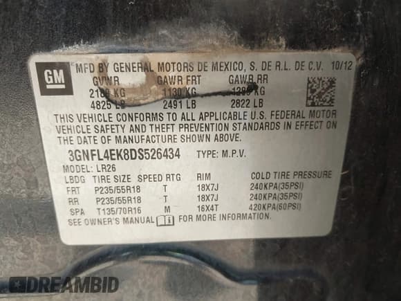 ✅ 2013 Chevrolet Captiva Sport LTZ • VIN: 3GNFL4EK8DS526434 • Lot: 42194036. Wystawiony na IAAI z przebiegiem 228 199 mil. Bezpłatny archiwum sprzedaży aukcyjnych z USA i szczegółowy raport historii pojazdu na DreamBid. Zdjęcie 9.