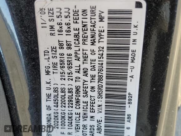 ✅ 2006 Honda CR-V EX • VIN: SHSRD78876U415432 • Lot: 92355305. Wystawiony na Copart z przebiegiem 143 305 mil. Bezpłatny archiwum sprzedaży aukcyjnych z USA i szczegółowy raport historii pojazdu na DreamBid. Zdjęcie 13.