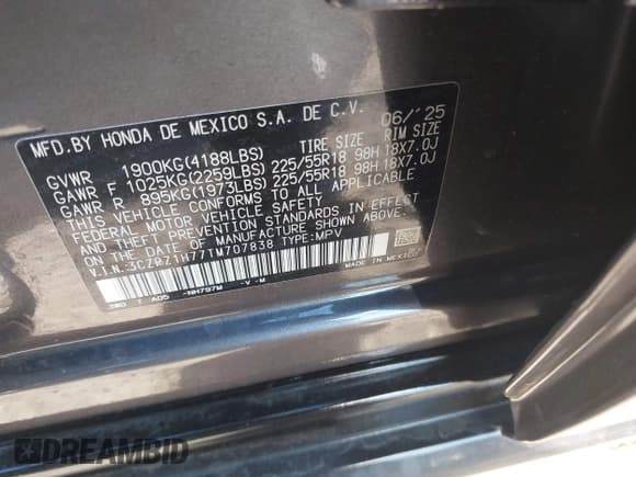 ✅ 2026 Honda HR-V EX-L • VIN: 3CZRZ1H77TM707838 • Lot: 43601888. Listed on IAAI with 4,456 mi. Free auction sales archive from the USA and detailed vehicle history report at DreamBid. Image 9.