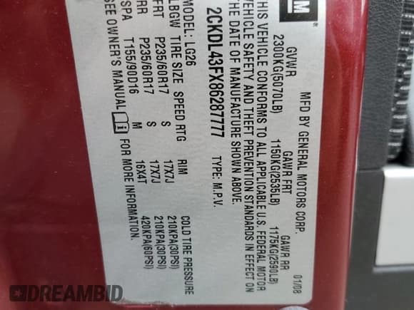 ✅ 2008 Pontiac Torrent • VIN: 2CKDL43FX86287777 • Лот: 67835064. Опубликован ранее на Copart с пробегом 85 510 миль. Бесплатный доступ к архиву аукционных продаж из США и подробный отчёт об истории автомобиля на DreamBid. Изображение 13.