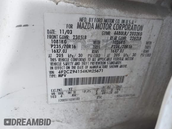 ✅ 2004 Mazda Tribute LX • VIN: 4F2CZ94154KM25671 • Lot: 41525470. Listed on IAAI with 206,805 mi. Free auction sales archive from the USA and detailed vehicle history report at DreamBid. Image 9.