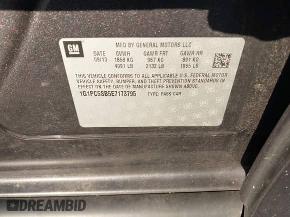 2014 Chevrolet Cruze 1LT with VIN 1G1PC5SB5E7173795, listed as a IAAI auction lot 43352603 with 100,794 mi miles and . Bid and sale history available at DreamBid. Image 9.