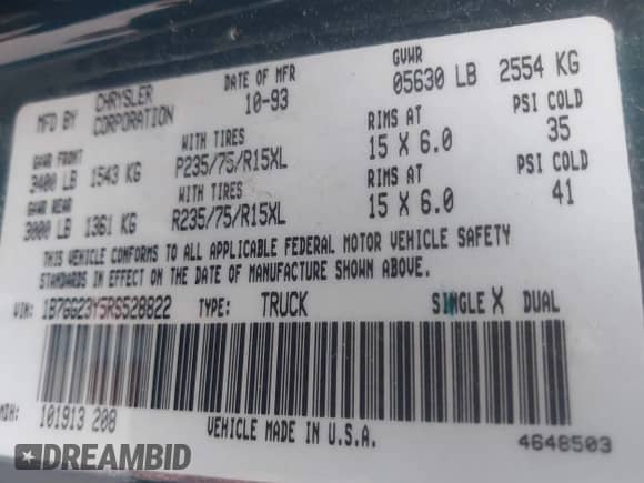 1994 Dodge Dakota with VIN 1B7GG23Y5RS528822, listed as a IAAI auction lot 42743000 with 27,483 mi miles and . Bid and sale history available at DreamBid. Image 9.