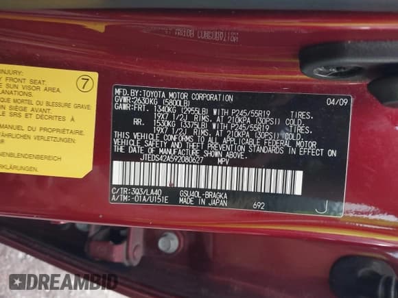 ✅ 2009 Toyota Highlander Limited • VIN: JTEDS42A592080627 • Lot: 43316649. Listed on IAAI with 176,481 mi. Free auction sales archive from the USA and detailed vehicle history report at DreamBid. Image 9.