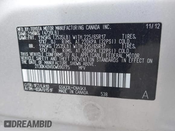 ✅ 2012 Toyota RAV4 Limited • VIN: 2T3DK4DV0CW090775 • Лот: 42707300. Опубликован ранее на IAAI с пробегом 161 350 миль. Бесплатный доступ к архиву аукционных продаж из США и подробный отчёт об истории автомобиля на DreamBid. Изображение 9.