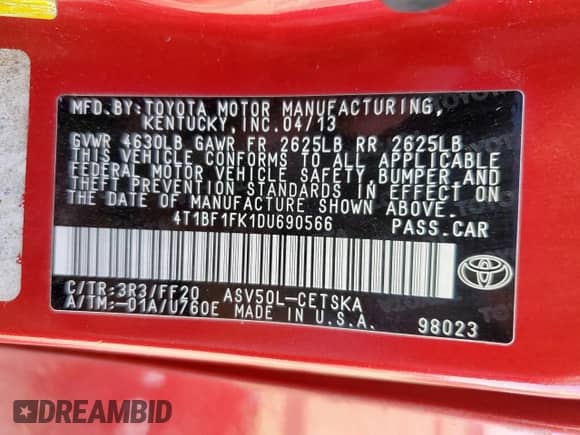 2013 Toyota Camry L с VIN 4T1BF1FK1DU690566, выставлен на аукционе Copart как лот 68477175 с пробегом 151 471 миль миль и Чистый • Clean title. История ставок и продаж доступна на DreamBid. Изображение 12.