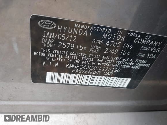 ✅ 2012 Hyundai Azera • VIN: KMHFG4JGXCA122190 • Лот: 43611007. Опубликован ранее на IAAI с пробегом 118 025 миль. Бесплатный доступ к архиву аукционных продаж из США и подробный отчёт об истории автомобиля на DreamBid. Изображение 9.