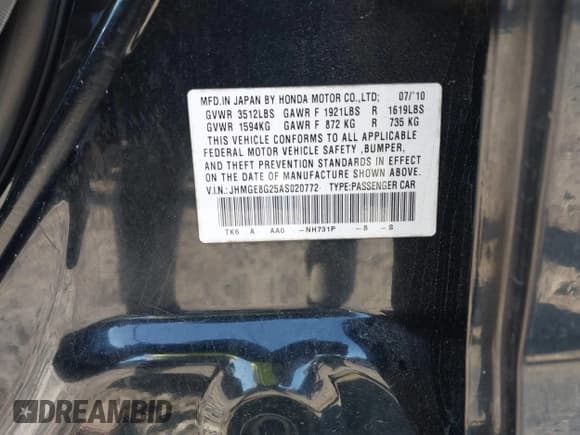 ✅ 2010 Honda Fit • VIN: JHMGE8G25AS020772 • Lot: 43708105. Listed on IAAI with 194,411 mi. Free auction sales archive from the USA and detailed vehicle history report at DreamBid. Image 9.