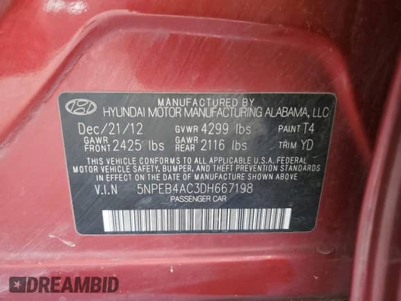 2013 Hyundai Sonata GLS with VIN 5NPEB4AC3DH667198, listed as a Copart auction lot 85685355 with 188,191 mi miles and Salvage title. Bid and sale history available at DreamBid. Image 12.