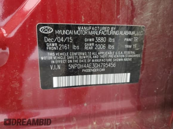 ✅ 2016 Hyundai Elantra SE • VIN: 5NPDH4AE3GH795456 • Lot: 89546675. Listed on Copart with 112,582 mi. Free auction sales archive from the USA and detailed vehicle history report at DreamBid. Image 13.