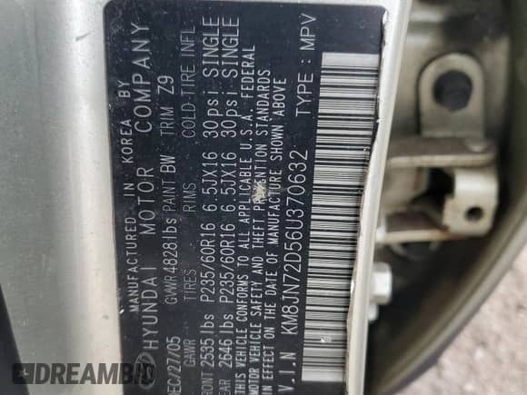 2006 Hyundai Tucson GLS with VIN KM8JN72D56U370632, listed as a Copart auction lot 76700704 with 146,277 mi miles and Clean title. Bid and sale history available at DreamBid. Image 13.