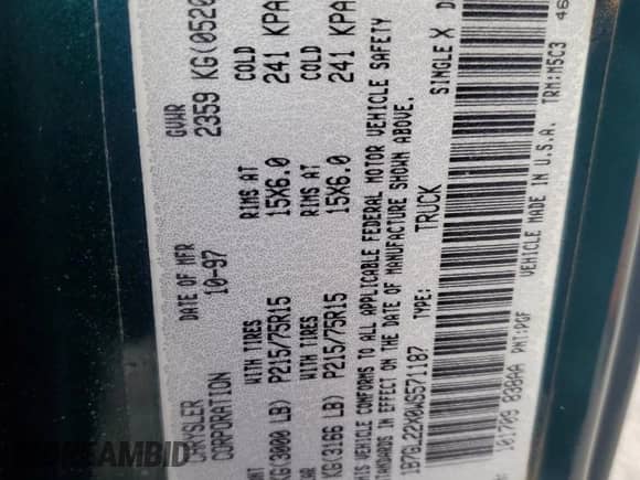 1998 Dodge Dakota SLT with VIN 1B7GL22X0WS571187, listed as a Copart auction lot 81722905 with 129,295 mi miles and Salvage title. Bid and sale history available at DreamBid. Image 13.