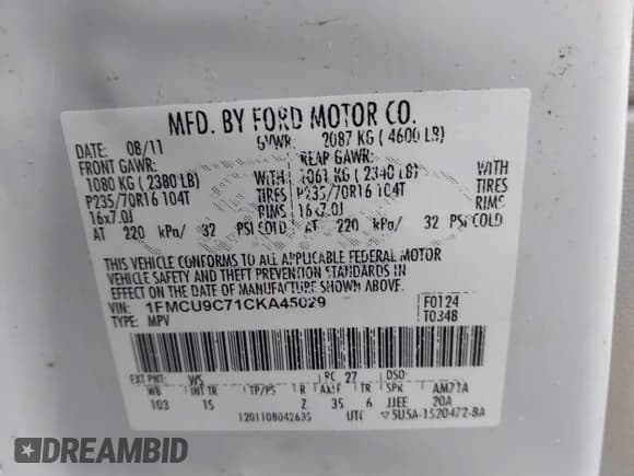 ✅ 2012 Ford Escape XLS • VIN: 1FMCU9C71CKA45029 • Lot: 43790472. Wystawiony na IAAI z przebiegiem 83 508 mil. Bezpłatny archiwum sprzedaży aukcyjnych z USA i szczegółowy raport historii pojazdu na DreamBid. Zdjęcie 9.