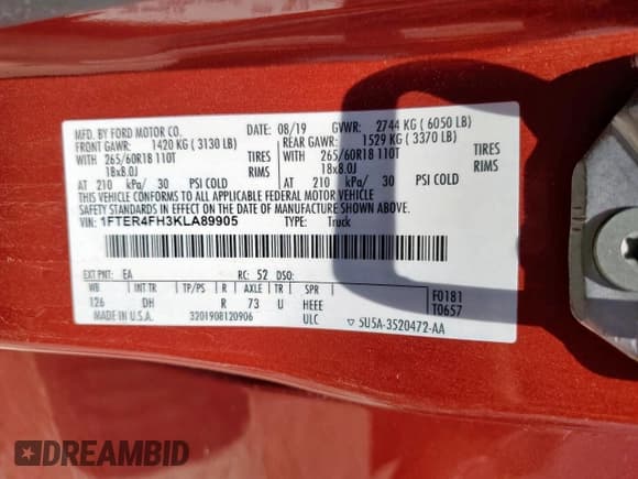 ✅ 2019 Ford Ranger XL • VIN: 1FTER4FH3KLA89905 • Lot: 58075525. Listed on Copart with 83,541 mi. Free auction sales archive from the USA and detailed vehicle history report at DreamBid. Image 12.