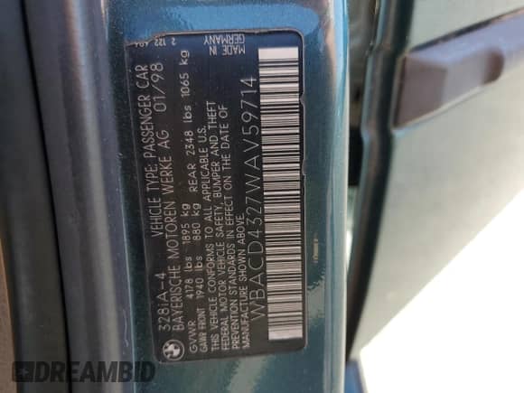 1998 BMW 3 Series 328i with VIN WBACD4327WAV59714, listed as a Copart auction lot 56232735 with 169,484 mi miles and Clean title. Bid and sale history available at DreamBid. Image 12.