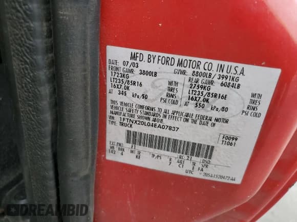 ✅ 2004 Ford F-250 XL • VIN: 1FTNX20L04EA07837 • Lot: 67396225. Listed on Copart with 204,430 mi. Free auction sales archive from the USA and detailed vehicle history report at DreamBid. Image 12.