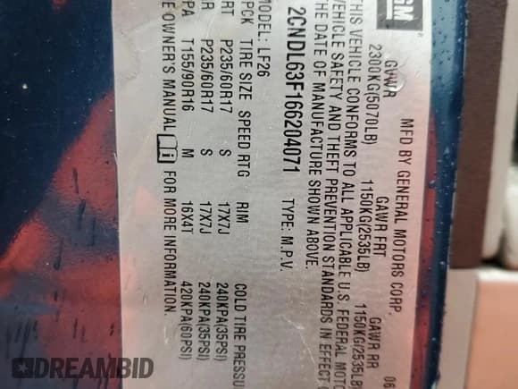 ✅ 2006 Chevrolet Equinox LT • VIN: 2CNDL63F166204071 • Лот: 49966795. Опубликован ранее на Copart с пробегом 243 772 миль. Бесплатный доступ к архиву аукционных продаж из США и подробный отчёт об истории автомобиля на DreamBid. Изображение 13.