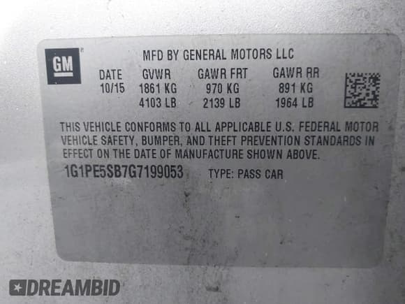 ✅ 2016 Chevrolet Cruze LT • VIN: 1G1PE5SB7G7199053 • Lot: 43536210. Listed on IAAI with 104,785 mi. Free auction sales archive from the USA and detailed vehicle history report at DreamBid. Image 9.