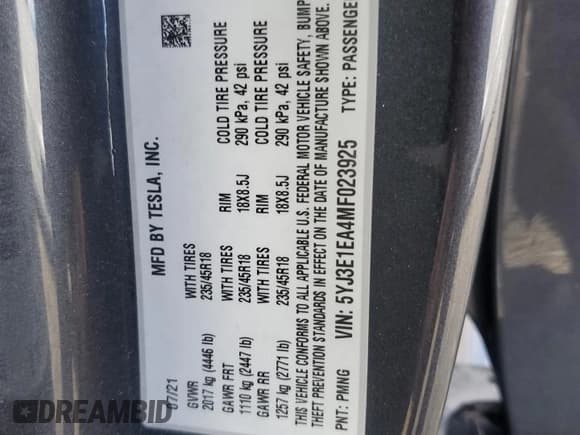 ✅ 2021 Tesla Model 3 Standard Range Plus • VIN: 5YJ3E1EA4MF023925 • Lot: 92728465. Listed on Copart with 63,675 mi. Free auction sales archive from the USA and detailed vehicle history report at DreamBid. Image 13.