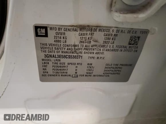 ✅ 2012 Chevrolet Captiva Sport LT • VIN: 3GNAL3E58CS538371 • Lot: 60860315. Wystawiony na Copart z przebiegiem 139 850 mil. Bezpłatny archiwum sprzedaży aukcyjnych z USA i szczegółowy raport historii pojazdu na DreamBid. Zdjęcie 13.