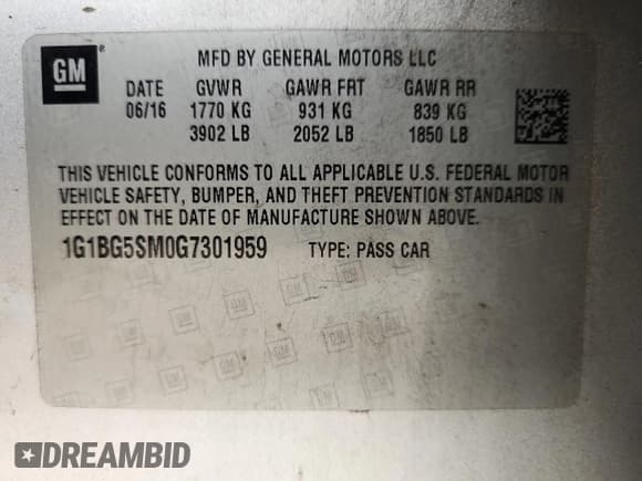 ✅ 2016 Chevrolet Cruze Premier • VIN: 1G1BG5SM0G7301959 • Lot: 90064105. Listed on Copart with Not provided. Free auction sales archive from the USA and detailed vehicle history report at DreamBid. Image 12.