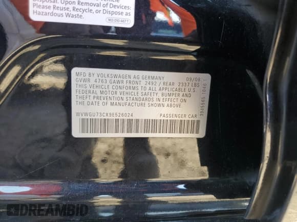 ✅ 2009 Volkswagen CC 4Motion • VIN: WVWGU73CX9E526024 • Lot: 80980873. Wystawiony na Copart z przebiegiem 238 089 mil. Bezpłatny archiwum sprzedaży aukcyjnych z USA i szczegółowy raport historii pojazdu na DreamBid. Zdjęcie 12.