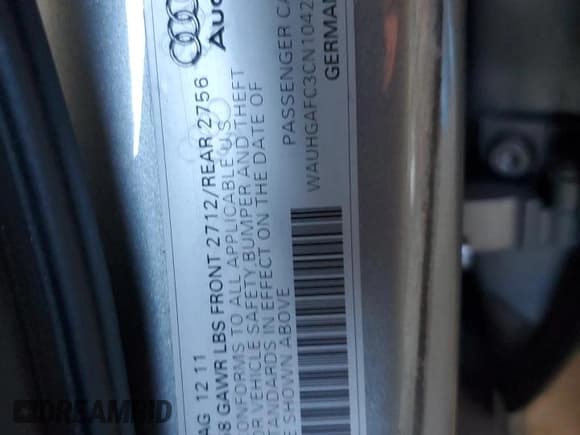 ✅ 2012 Audi A6 Prestige • VIN: WAUHGAFC3CN104265 • Lot: 87223705. Wystawiony na Copart z przebiegiem Nie podano. Bezpłatny archiwum sprzedaży aukcyjnych z USA i szczegółowy raport historii pojazdu na DreamBid. Zdjęcie 12.