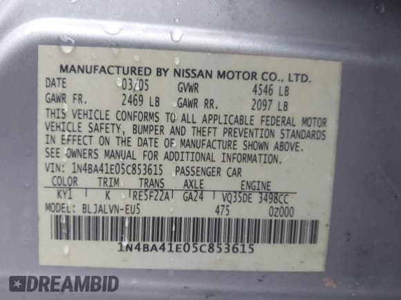 ✅ 2005 Nissan Maxima SL • VIN: 1N4BA41E05C853615 • Lot: 43838247. Listed on IAAI with Not provided. Free auction sales archive from the USA and detailed vehicle history report at DreamBid. Image 9.