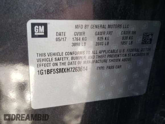 ✅ 2017 Chevrolet Cruze Premier • VIN: 1G1BF5SMXH7263614 • Lot: 37759633. Listed on Copart with 131,165 mi. Free auction sales archive from the USA and detailed vehicle history report at DreamBid. Image 12.